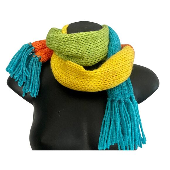Handmade Knit Scarf with Tassels Details in Green Yellow Orange and Blue hand ma - Picture 5 of 9